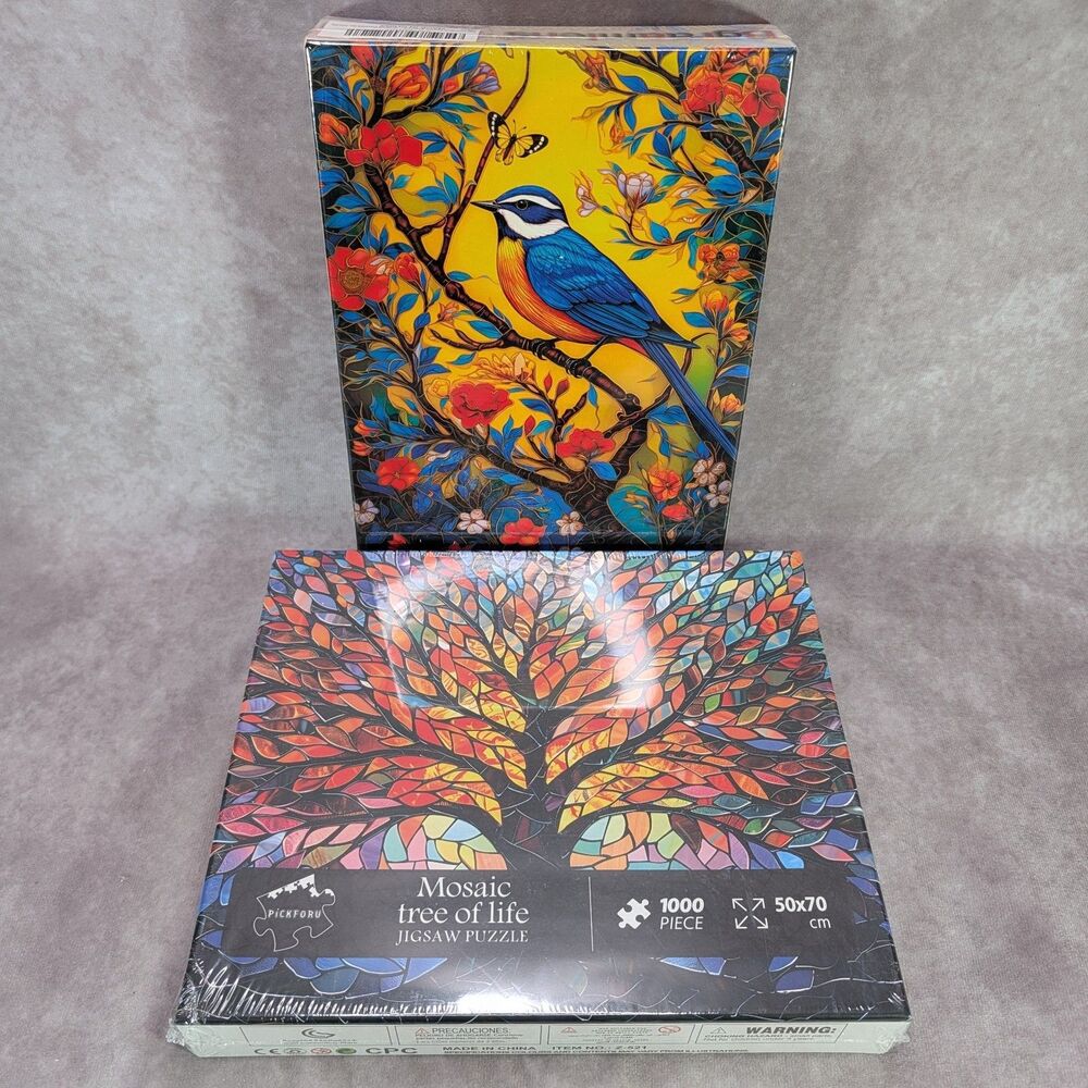 Lot 2 Jigsaw Puzzles 1000 Piece Bgraamiens Blue Jay Pickforu Mosaic Tree Of Life